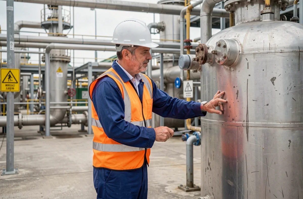 Ingénieur industriel inspectant un réservoir de stockage d'hydrogène dans une usine chimique