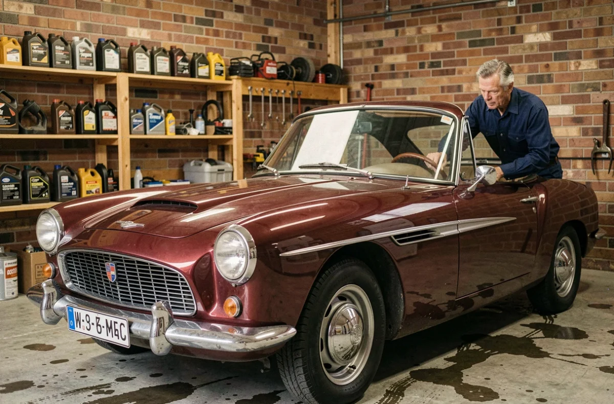 Un homme inspecte une voiture de collection ancienne dans un garage privé, dans le cadre d'une démarche d'immatriculation en collection