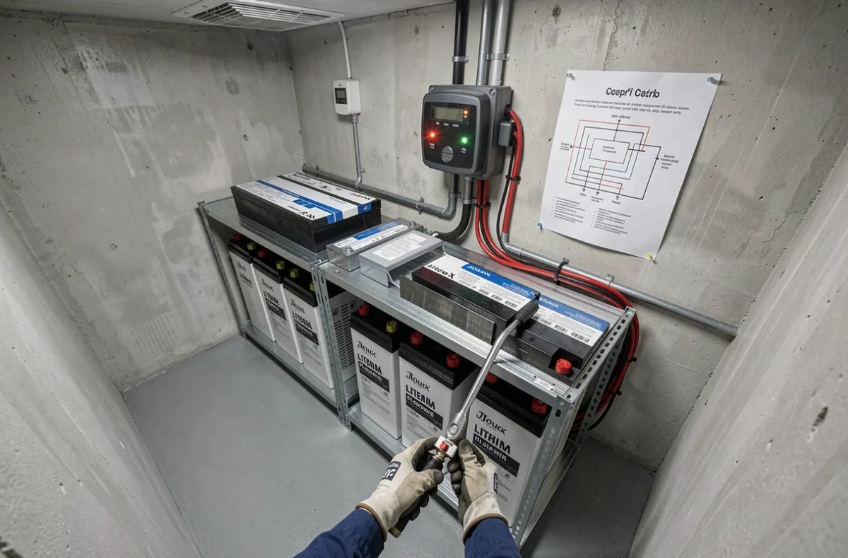 Installation de batteries et onduleur dans une salle technique d'une maison autonome en électricité hors réseau