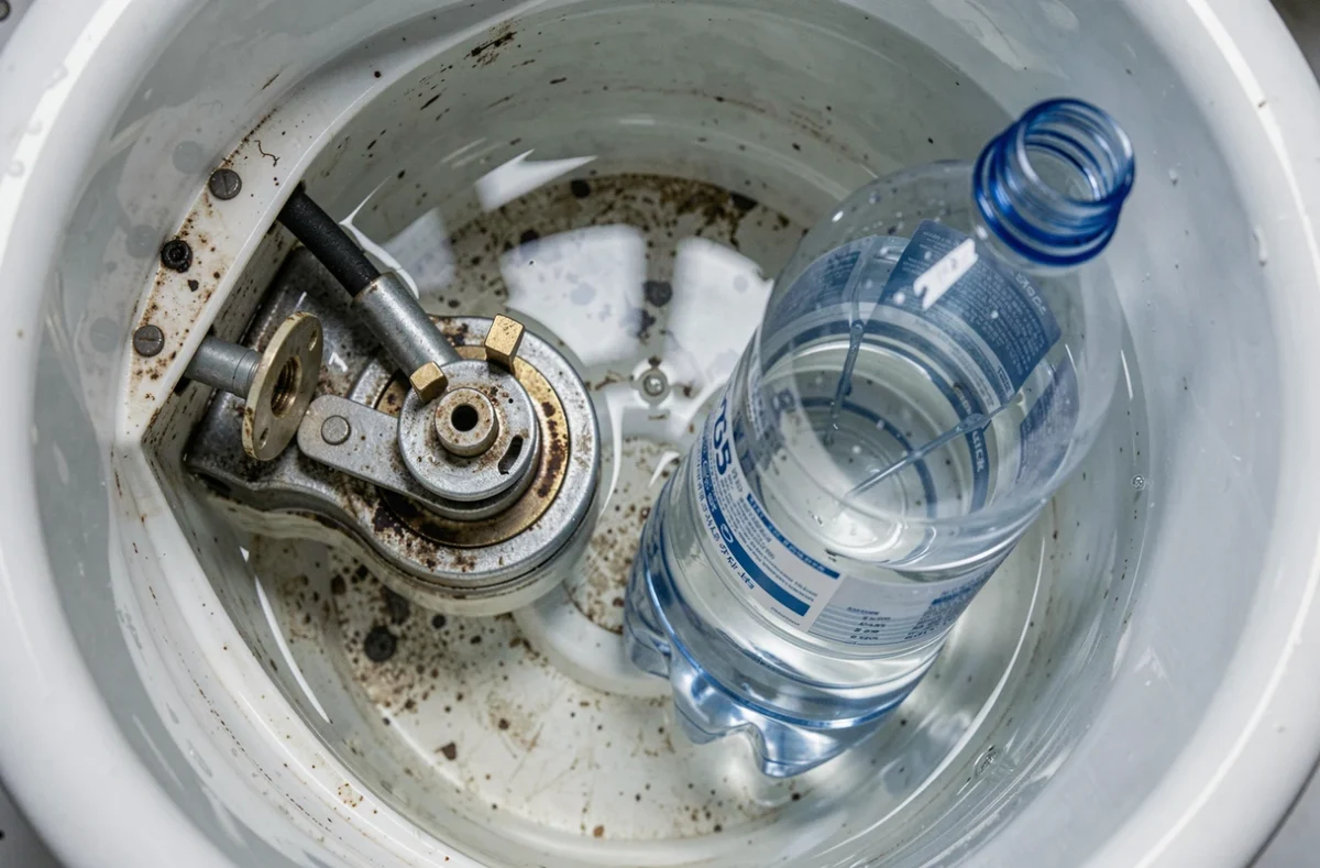 Vue intérieure du réservoir de toilettes avec une bouteille d'eau pour limiter le volume de chasse