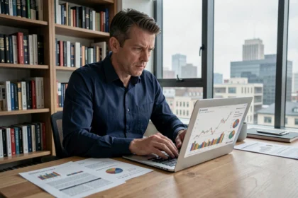 Un homme dans la quarantaine analyse des graphiques financiers sur son ordinateur portable pendant une période de récession économique