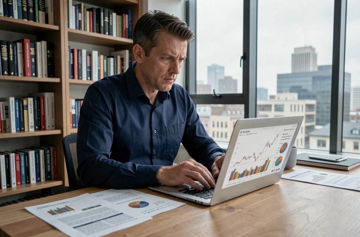 Un homme dans la quarantaine analyse des graphiques financiers sur son ordinateur portable pendant une période de récession économique