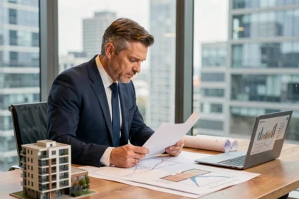 Investisseur immobilier analysant des documents fiscaux et des plans architecturaux dans un bureau moderne avec vue sur la ville