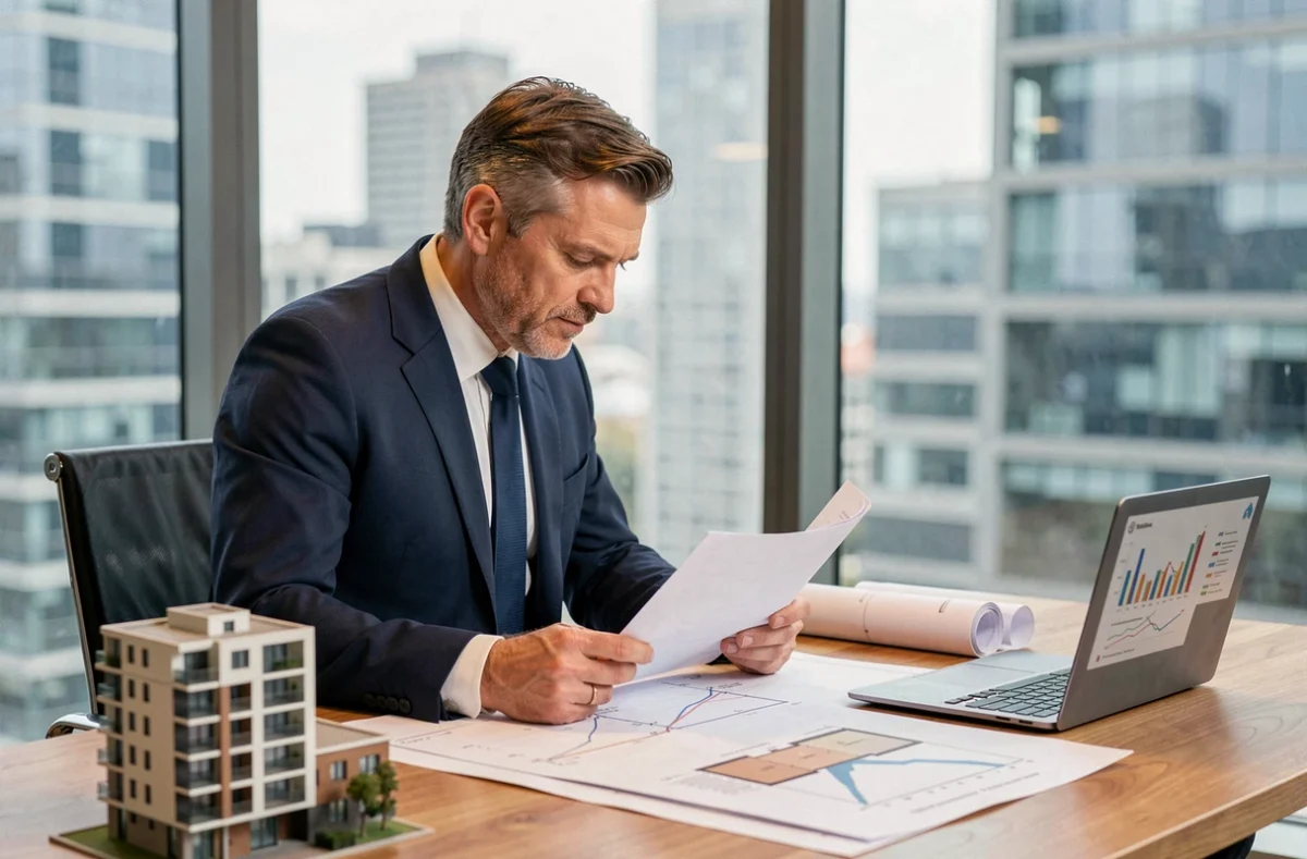 Investisseur immobilier analysant des documents fiscaux et des plans architecturaux dans un bureau moderne avec vue sur la ville