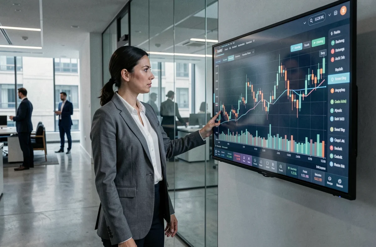 Une femme cadre observe des indicateurs boursiers en baisse sur un écran de données financières dans un bureau d'investissement moderne