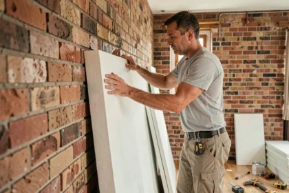 Artisan posant un panneau isolant rigide contre un mur intérieur en brique lors de travaux de rénovation