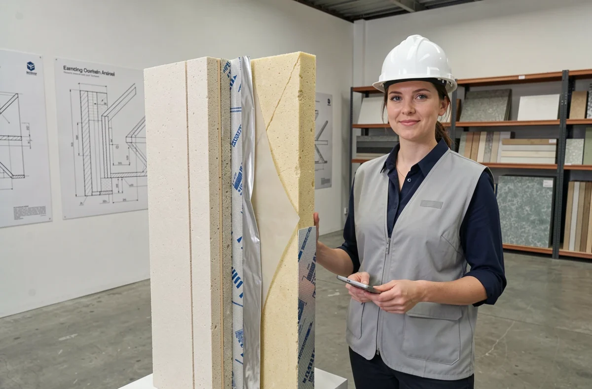 Architecte présentant une coupe transversale de mur illustrant différentes solutions d'isolation thermique efficace