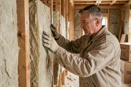 Artisan posant de la laine minérale entre les montants d'un mur en bois lors de travaux d'isolation thermique