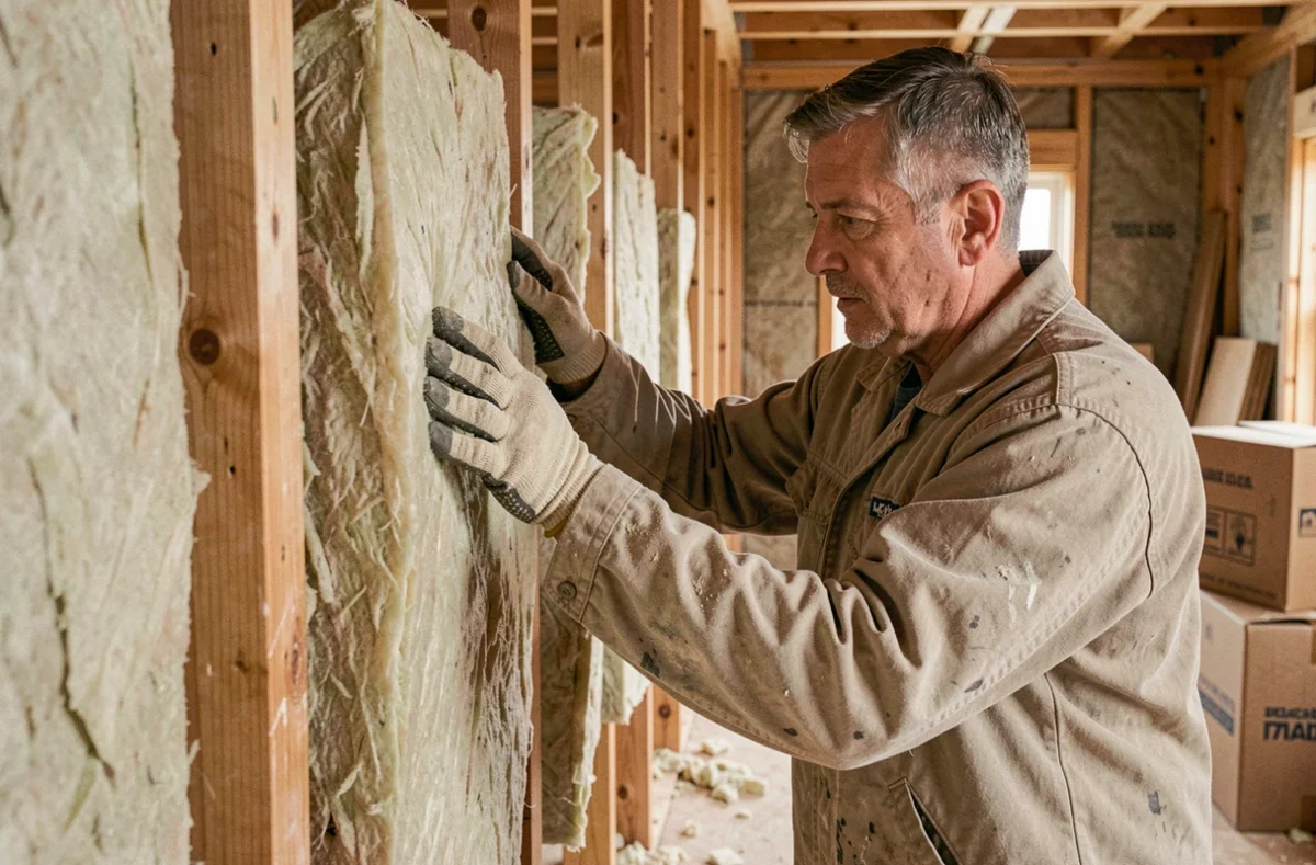 Artisan posant de la laine minérale entre les montants d'un mur en bois lors de travaux d'isolation thermique
