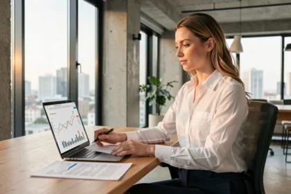 Jeune femme professionnelle étudiant des documents de placement immobilier sur un bureau moderne en appartement contemporain