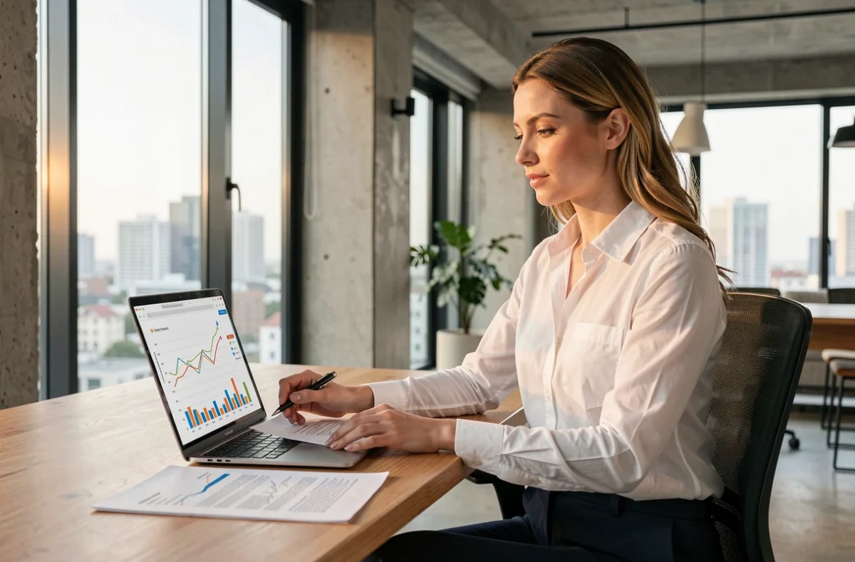 Jeune femme professionnelle étudiant des documents de placement immobilier sur un bureau moderne en appartement contemporain