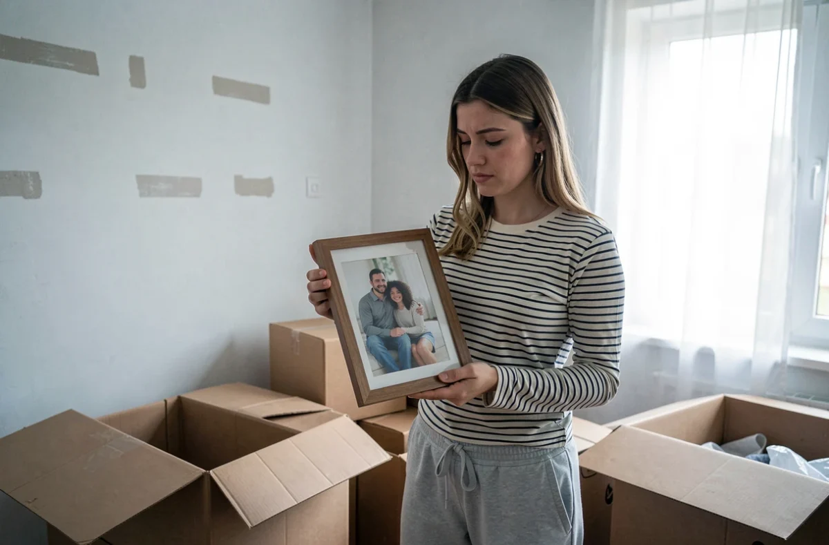 Jeune femme qui fait ses cartons en tenant une photo de famille, représentant le départ du foyer familial et l'éloignement progressif