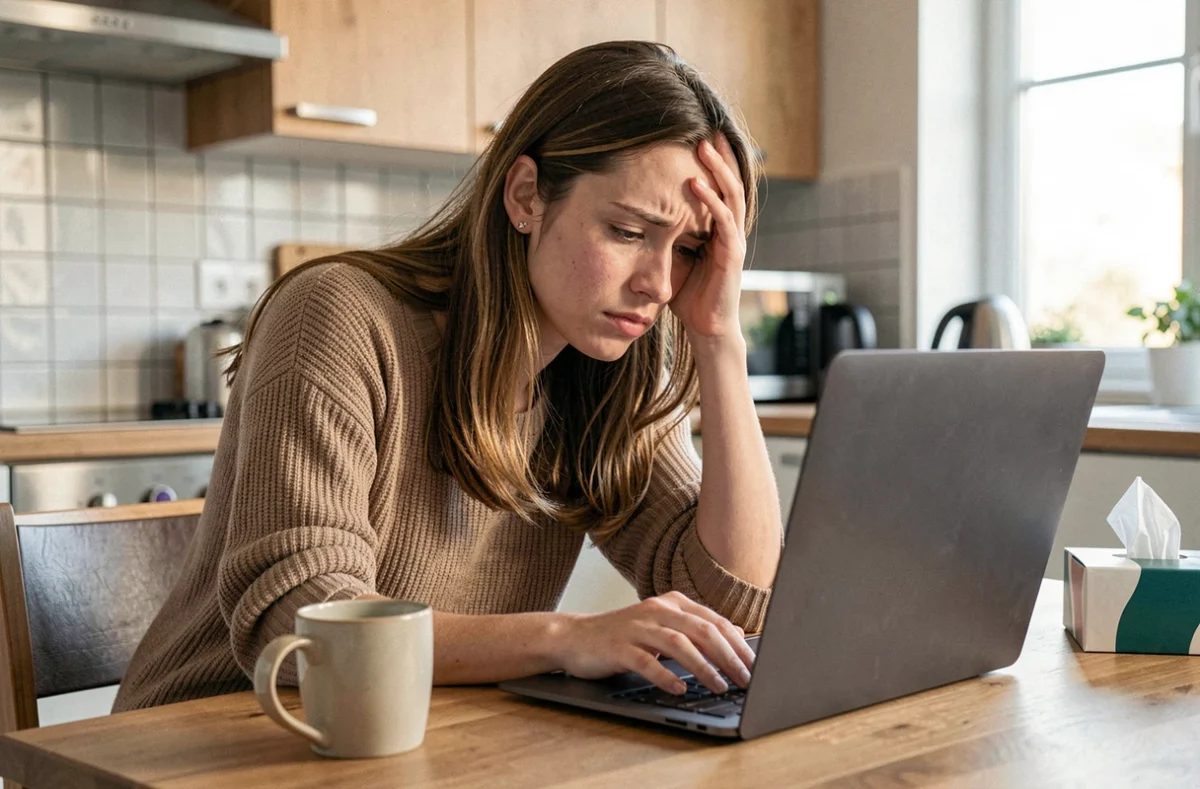 Jeune femme malade rédigeant un email à son responsable depuis sa cuisine avec un ordinateur portable