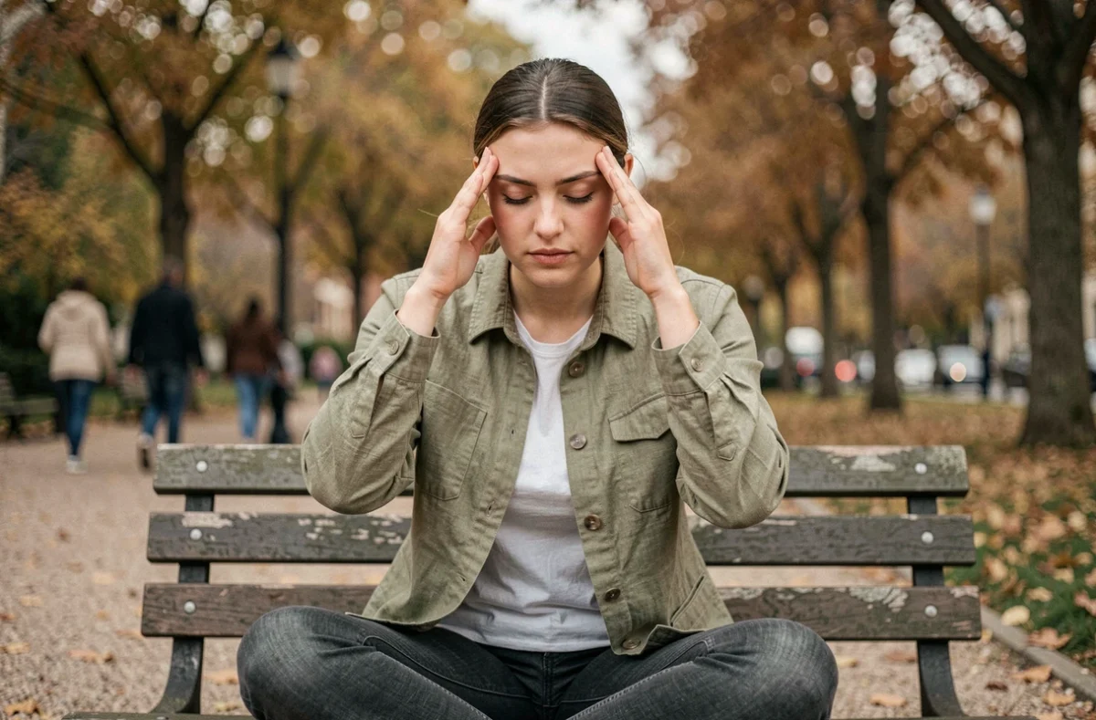 Jeune femme dans un parc tenant sa tête entre ses mains, cherchant à stopper ses ruminations mentales en plein air