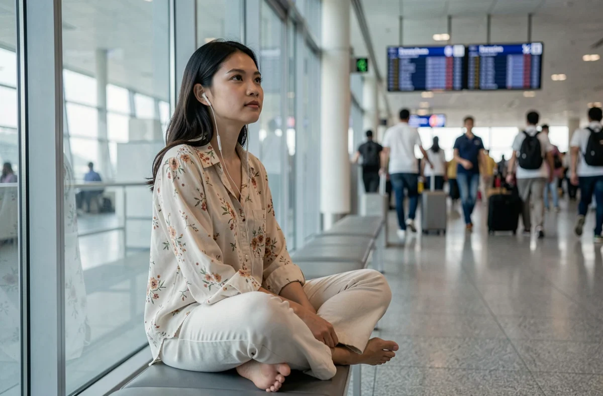 Jeune femme voyageant seule dans un aéroport moderne, regardant par la fenêtre avec des écouteurs