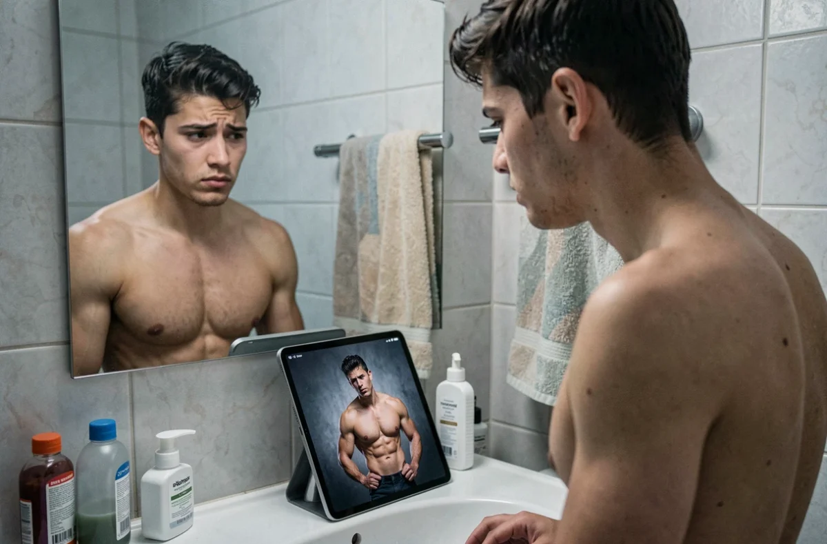 Jeune homme comparant son physique à celui d'un influenceur fitness affiché sur une tablette devant un miroir de salle de bain, illustrant les effets négatifs des standards corporels imposés par les célébrités