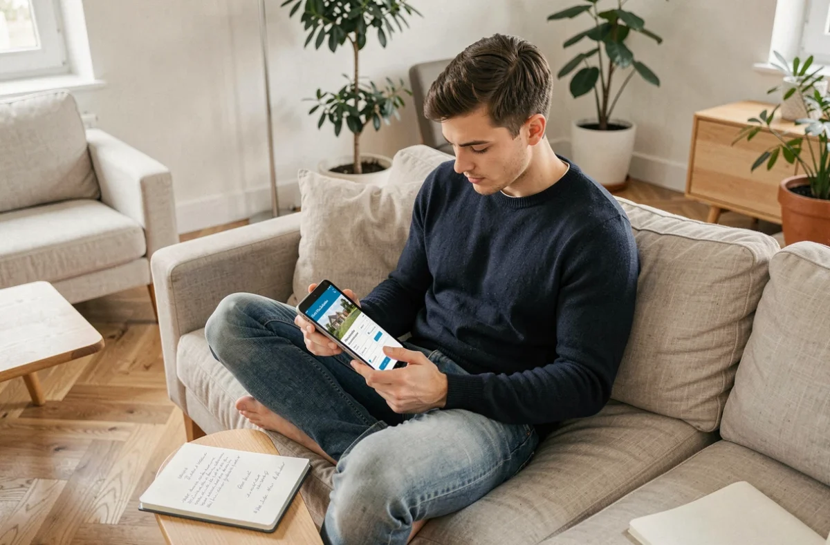 Jeune homme consultant une application d'investissement immobilier sur tablette depuis son salon moderne