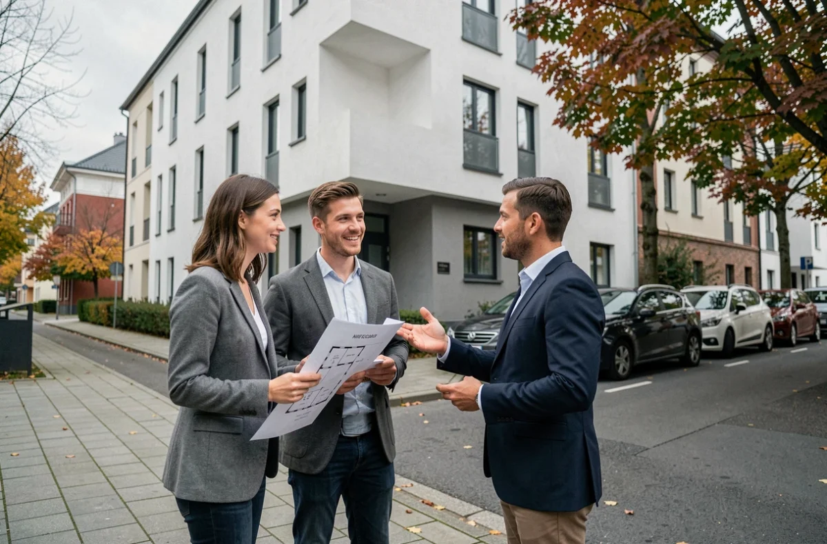 Jeunes actifs visitant un immeuble résidentiel neuf avec un agent immobilier dans une rue urbaine