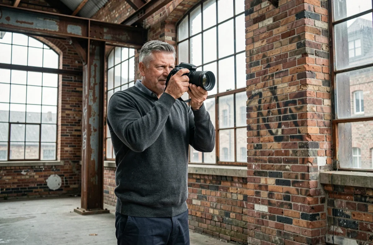 Keith Flament photographe dans un cadre industriel de l'Oise, appareil photo pointé vers une architecture en briques