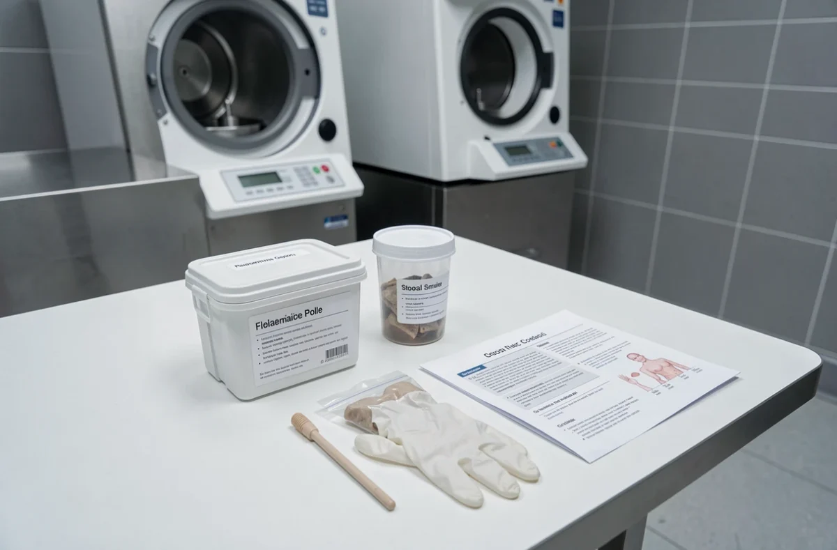 Kit de collecte de selles pour le dépistage du cancer du côlon posé sur une paillasse de laboratoire médical
