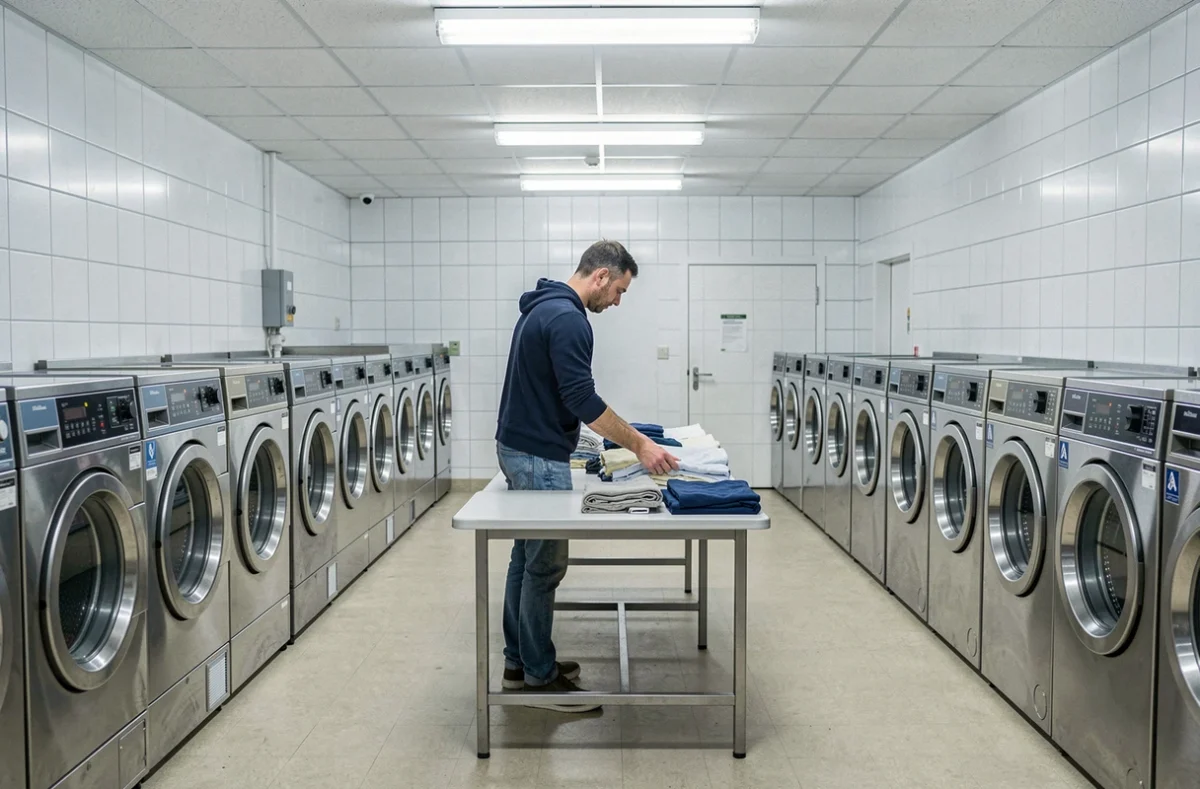 Intérieur de la Laverie Pressing Les Coquets à Mont Saint Aignan avec rangées de machines à laver et un client triant son linge