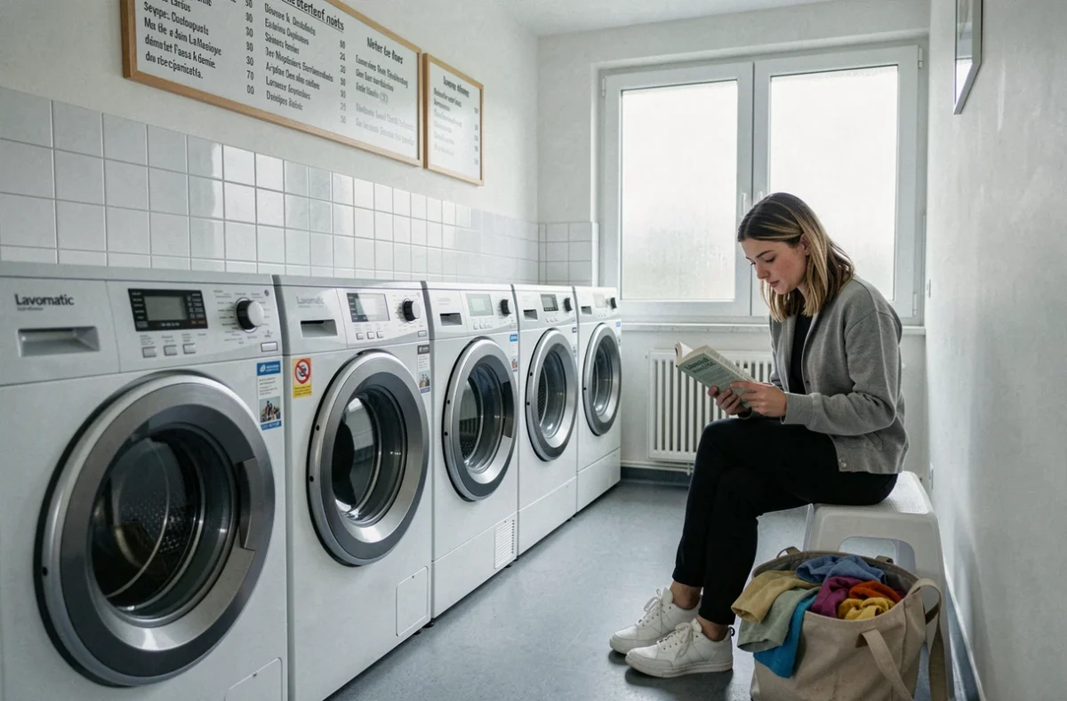 Femme attendant son linge dans une laverie Lavomatic avec rangées de machines à laver et tableau de tarifs au mur