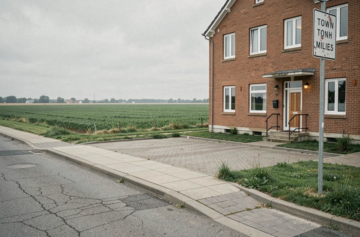 Limite entre une zone urbanisée et des terres agricoles avec panneau de signalisation municipal et bâtiment résidentiel en brique