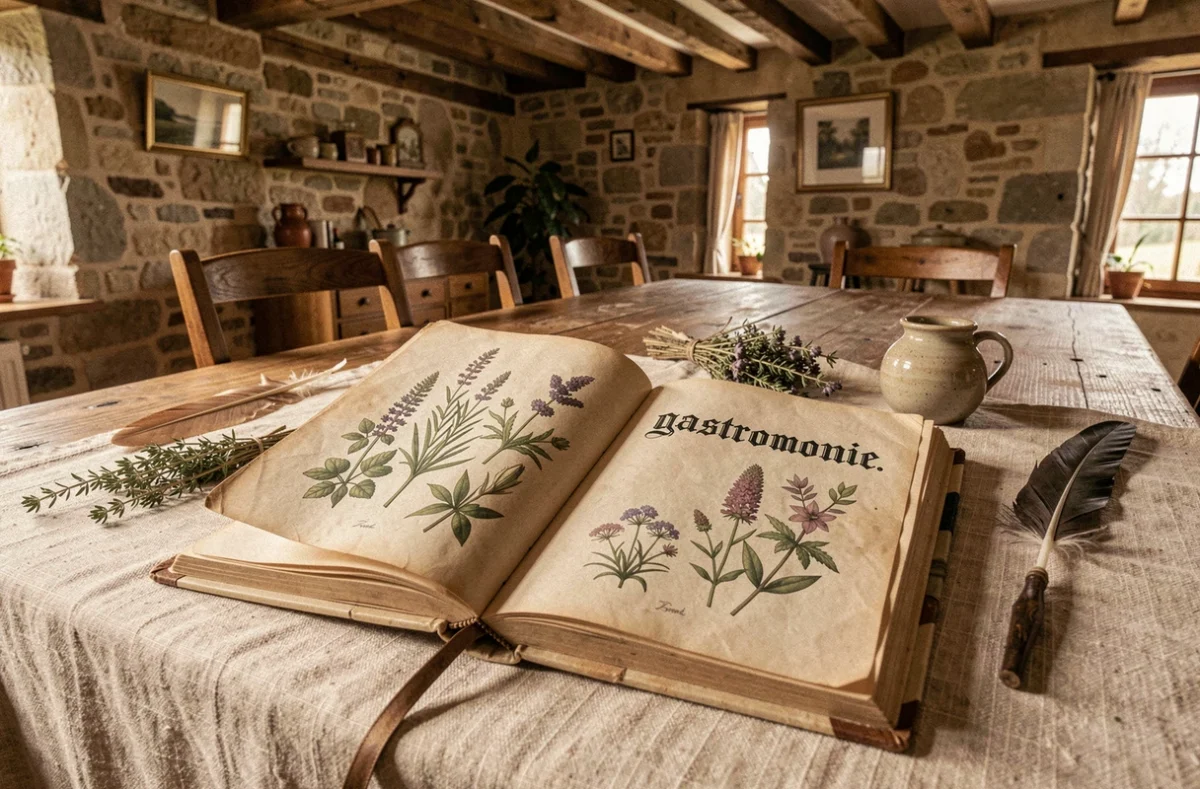 Ancien livre de gastronomie ouvert sur une table en chêne rustique avec des herbes séchées et une plume