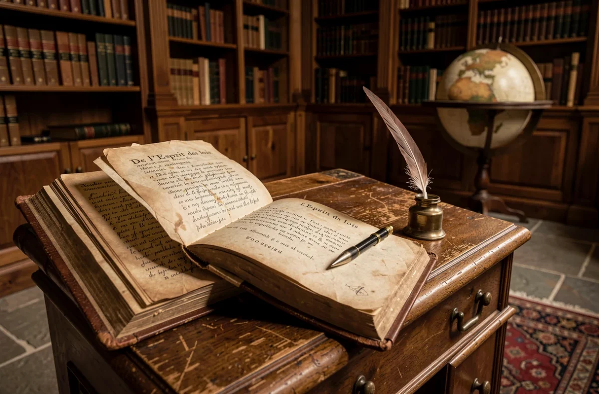 Exemplaire ancien de De l'Esprit des lois de Montesquieu ouvert sur un bureau de bibliothèque historique avec plume et encrier