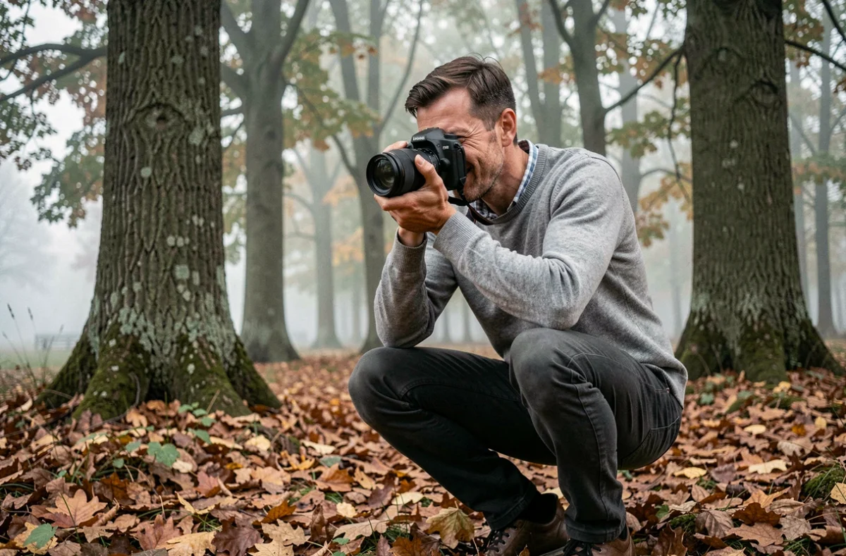 Loic Humblot photographe en forêt dans l'Oise, cadrant un paysage automnal entre les chênes
