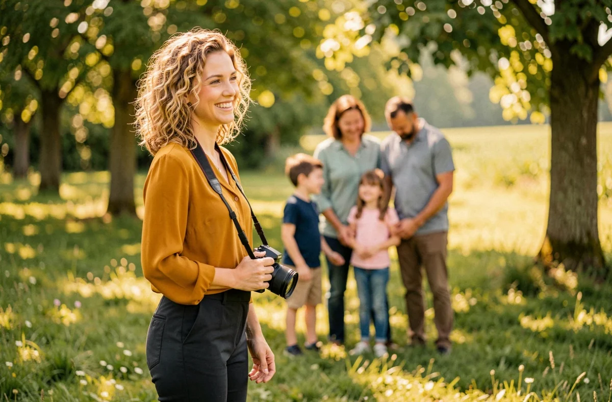 Lucy Renfer photographe en extérieur dans un parc de l'Oise, souriante avec son appareil autour du cou