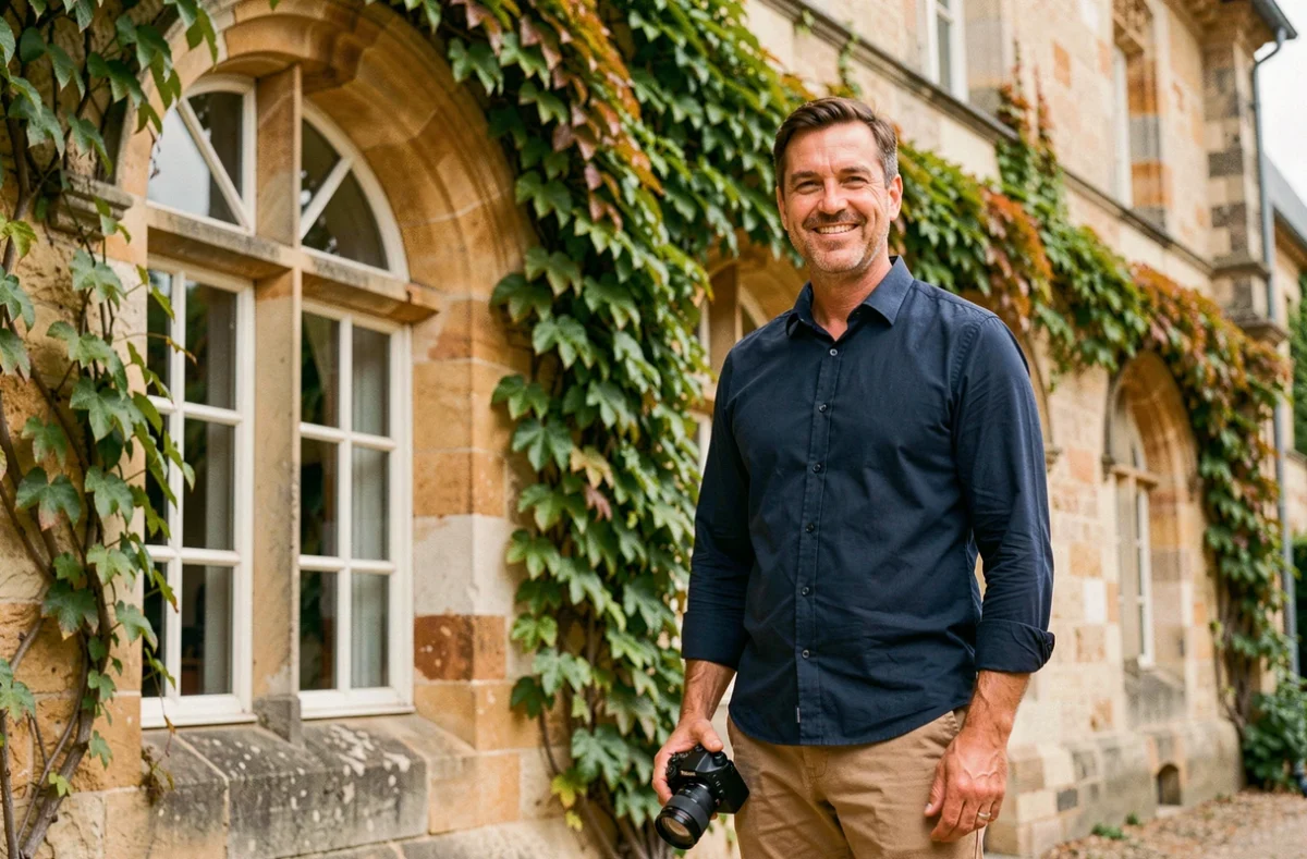 Ludovic Leclercq photographe posant devant un château de l'Oise avec son appareil photo