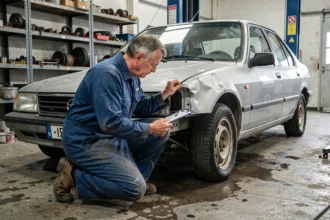 Mécanicien inspectant une voiture économiquement irréparable mais en bon état dans un garage indépendant