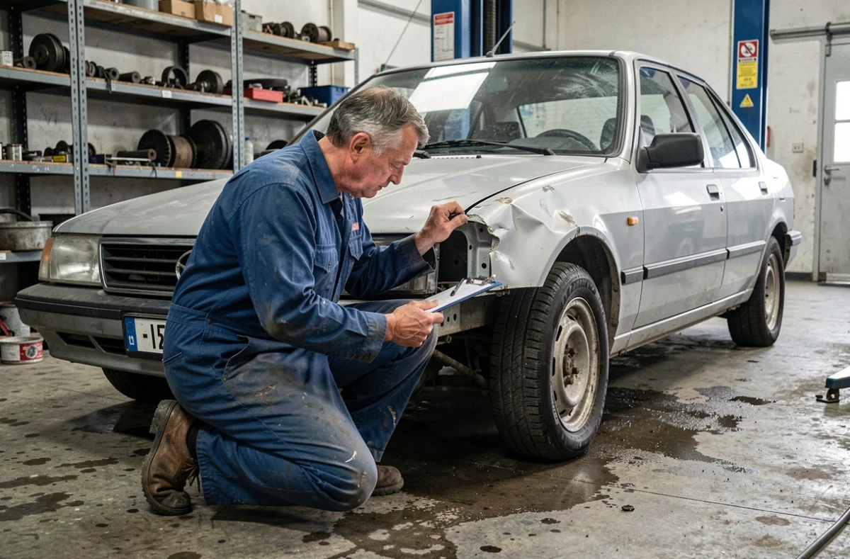 Mécanicien inspectant une voiture économiquement irréparable mais en bon état dans un garage indépendant