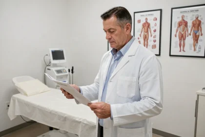 Médecin gastro-entérologue en consultation examinant un dossier médical lié au cancer du côlon