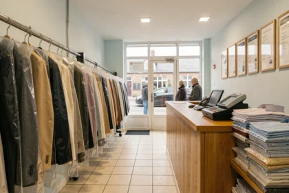 Intérieur d'un pressing moderne en Seine-Maritime avec des vêtements sous housses suspendus sur un rail et un comptoir en bois poli