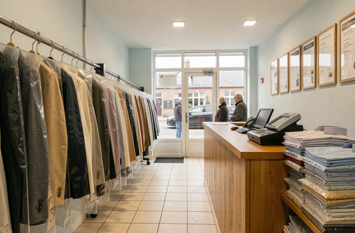 Intérieur d'un pressing moderne en Seine-Maritime avec des vêtements sous housses suspendus sur un rail et un comptoir en bois poli
