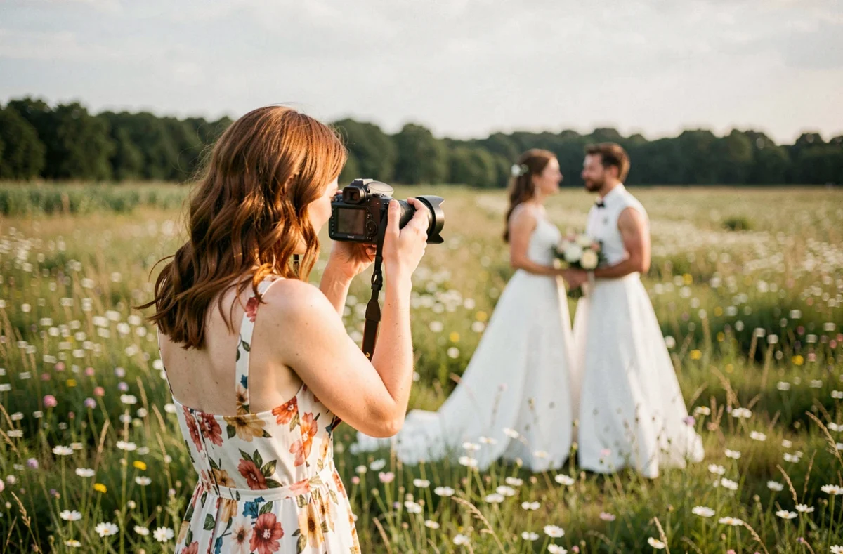 Mélanie Lesage de Mille Et Un Clichés photographiant un couple de mariés dans une prairie fleurie de l'Oise