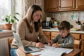 Mère célibataire aidant son enfant à faire ses devoirs dans une cuisine familiale chaleureuse