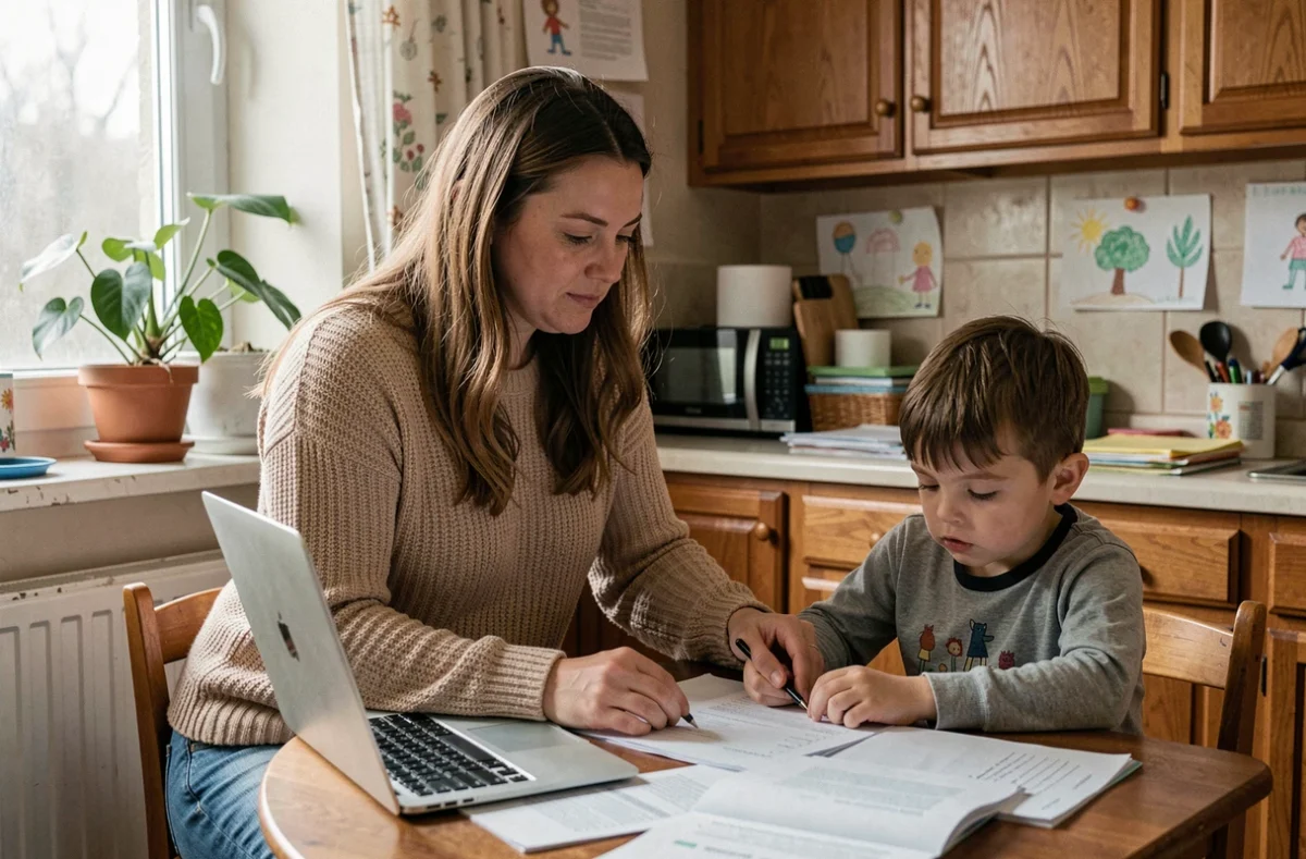 Mère célibataire aidant son enfant à faire ses devoirs dans une cuisine familiale chaleureuse