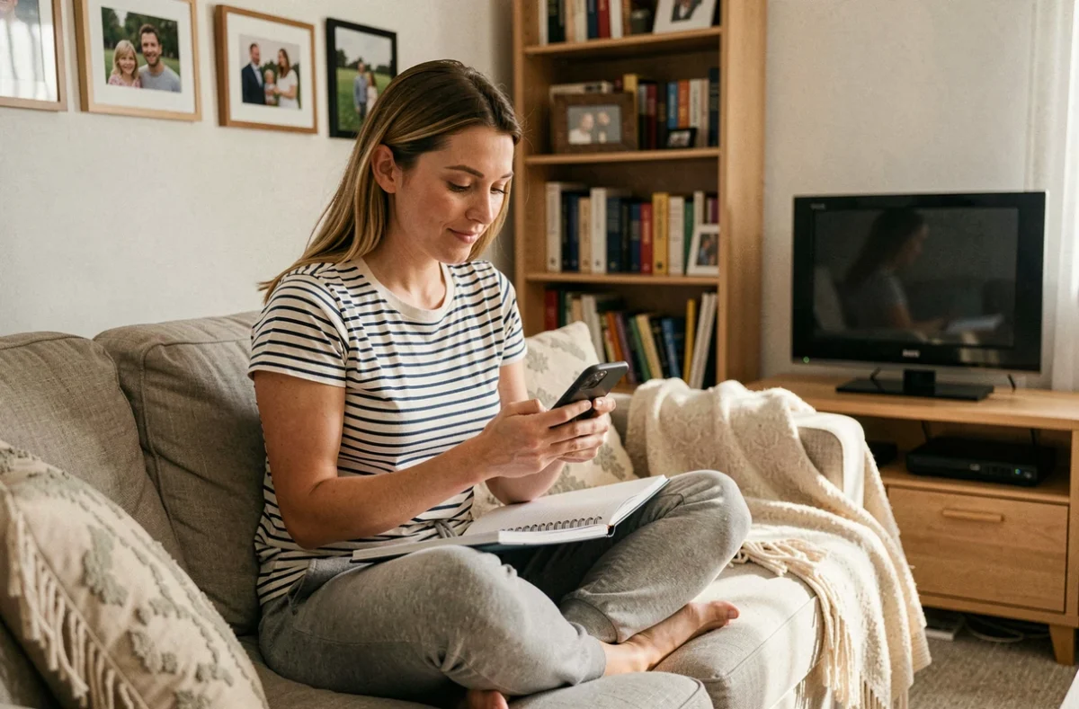 Mère célibataire cherchant des ressources d'aide sur son smartphone depuis son salon