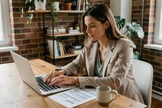 Une femme millennial dans la trentaine étudie son plan de retraite sur un ordinateur portable à sa table de cuisine moderne