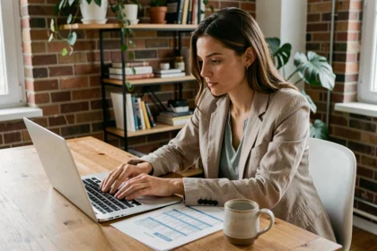 Une femme millennial dans la trentaine étudie son plan de retraite sur un ordinateur portable à sa table de cuisine moderne