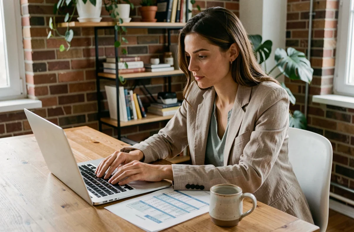Une femme millennial dans la trentaine étudie son plan de retraite sur un ordinateur portable à sa table de cuisine moderne