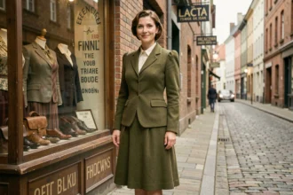 Femme portant un tailleur en laine à épaulettes typique de la mode des années 1940 dans une rue pavée européenne