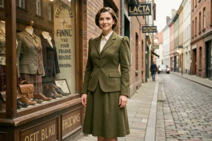 Femme portant un tailleur en laine à épaulettes typique de la mode des années 1940 dans une rue pavée européenne