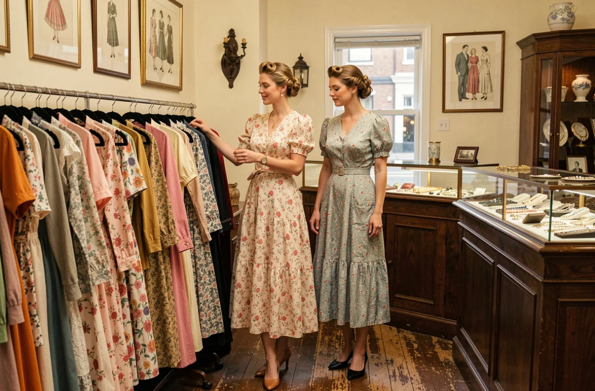 Deux femmes en robes fleuries des années 1940 à manches bouffantes et ceinturées dans une boutique de mode vintage