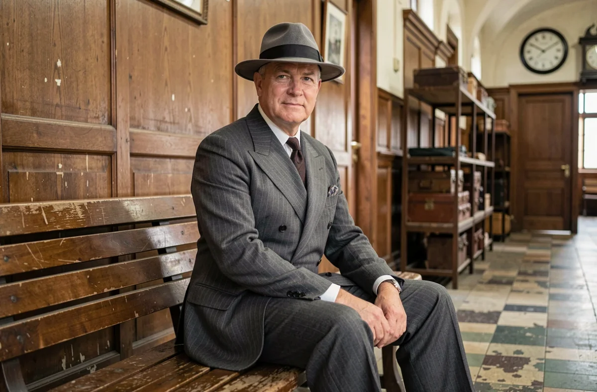 Homme en costume à fines rayures et chapeau fedora typique de la mode masculine des années 1940 dans une gare ancienne