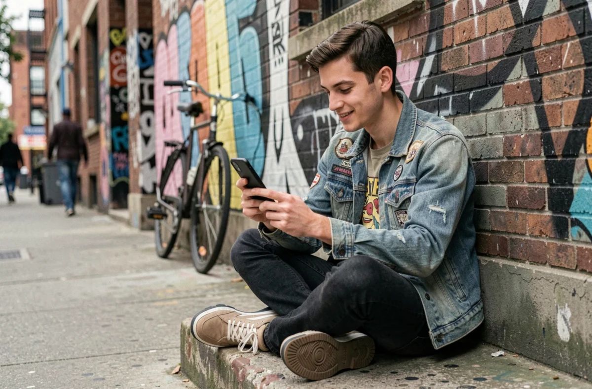 Un jeune homme consulte les tendances mode sur son téléphone dans un quartier urbain, représentant l'influence des réseaux sociaux et de la culture streetwear sur les identités sociales contemporaines.