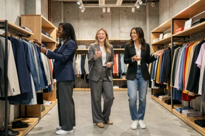 Trois femmes aux styles variés parcourent des portants de vêtements dans une boutique de mode contemporaine, illustrant l'influence de la mode sur les comportements de consommation et les interactions sociales.
